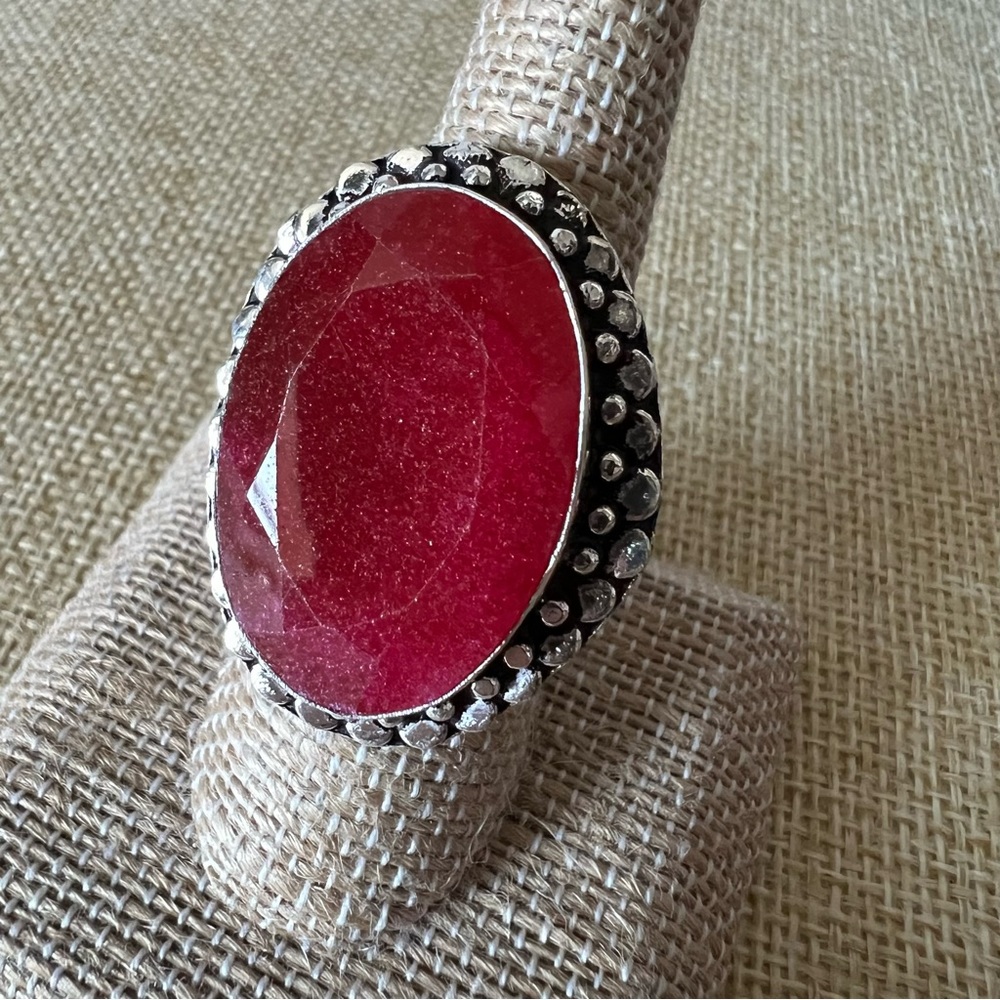 Enhanced Faceted Ruby Silver Overlay Ring Size 8 - image 6